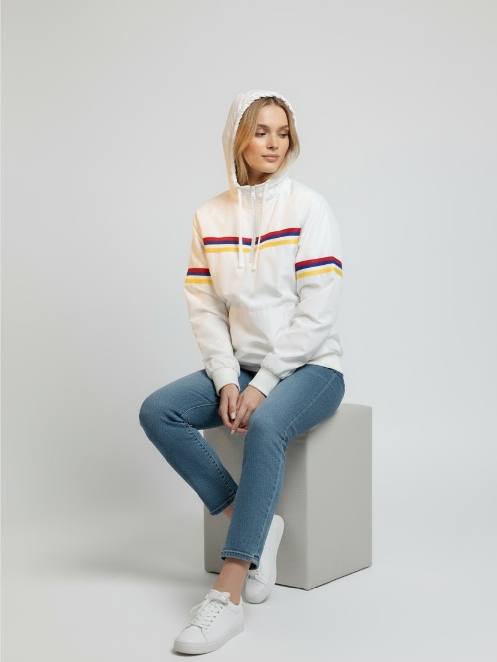 Hollister White Hooded Pullover windbreaker with Red, Blue & Yellow Stripes
